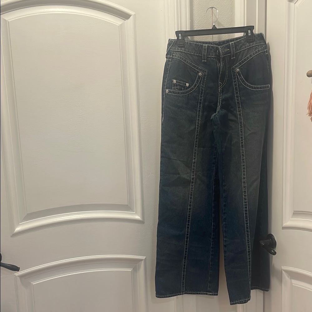 Women's Dark Blue Straight-Leg Jeans with Contrast Stitching